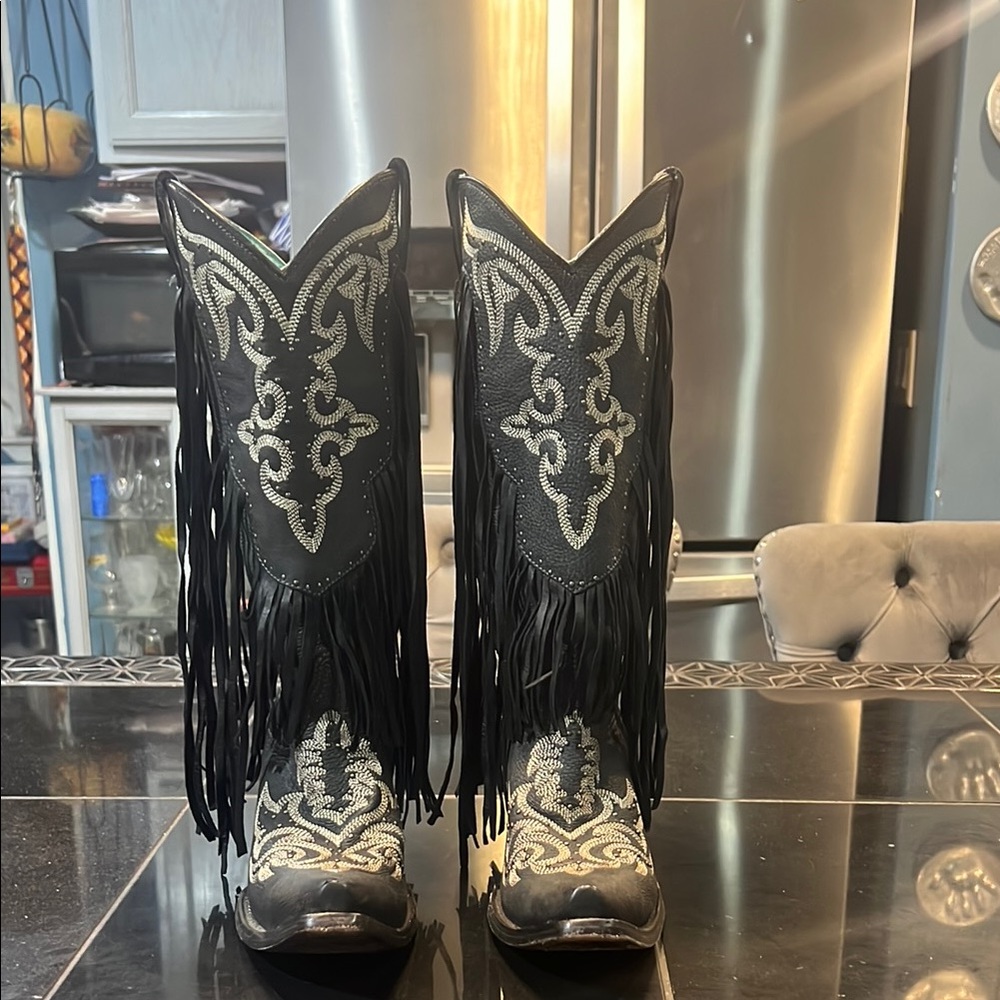 Black and White Fringe Western Boots